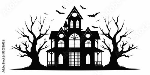 A spooky silhouetted haunted house with bats and bare trees