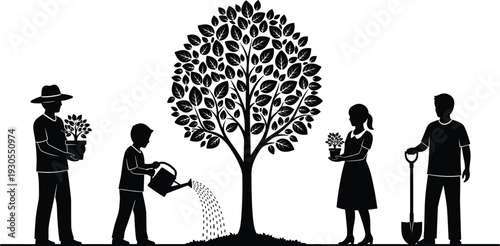 Family Gardening Together Silhouette Vector Illustration with Parents and Children Planting Watering Tree Isolated on White Background Environmental Concept Design
