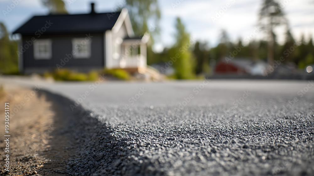 Fototapeta premium Close-up of new gravel driveway with curb edge, leading towards a modern residential house in a suburban neighborhood setting