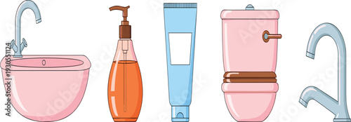 Bathroom hygiene and sanitation elements with sink, toilet, faucet, liquid soap dispenser, and toothpaste for home interior and cleaning vector illustration.