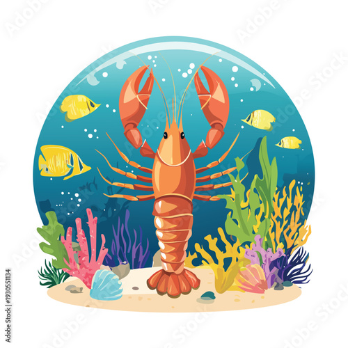 Cartoon lobster with colorful coral and fish underwater