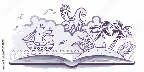 An open book reveals a whimsical illustration of a tropical adventure