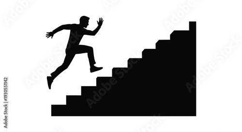 A stark black silhouette depicts a person ascending steps symbolizing progress and ambition a dynamic silhouette high quality professional detailed modern