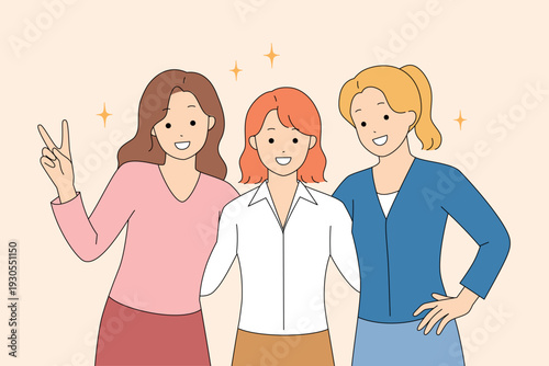 Casual Women Cheer With Victory Signs. Group Of Women Displaying Joy After Campaign Victory