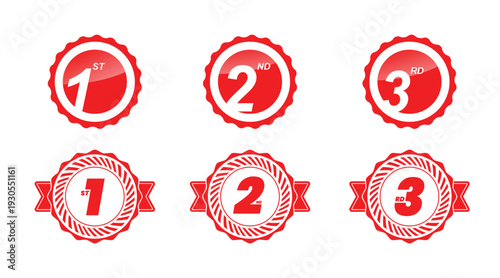 Red Number Badge Set – Vintage Award Emblem Labels 1 2 3 Vector Icons