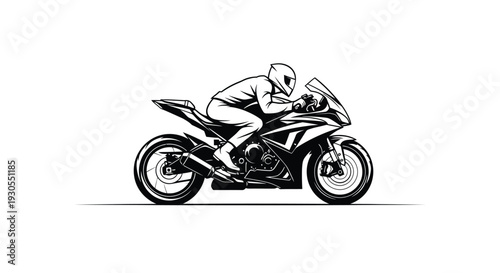 A dynamic illustration depicts a motorcycle racer in motion leaning into a turn presented as a silhouette high quality professional detailed