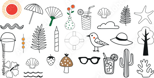Collection of charming hand drawn black and white summer vacation icons featuring beach accessories nature elements tropical drinks sun protection items and cute seaside wildlife perfect for seasonal 