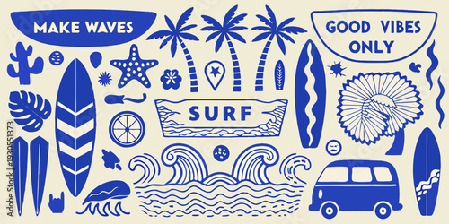 A vibrant blue and beige illustration showcasing summer and surfing motifs