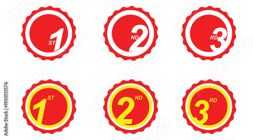 Red and Yellow Award Badge Set 1st 2nd 3rd Place Ribbon Medal Vector Icons