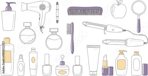 Beauty and haircare outline collection with perfume bottles, hair dryer, comb, curler, straightener, and cosmetic products for salon and skincare vector illustration.
