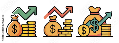Financial Success Icons, Money Bag Growth Trend Illustration