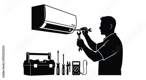 A technician repairs an air conditioning unit mounted on a wall depicted in stark black silhouette high quality professional detailed modern
