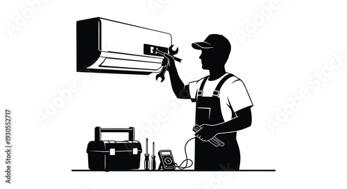 An air conditioning technician repairs a unit with a wrench depicted in a striking black silhouette high quality professional detailed modern