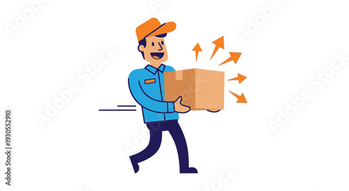 A cheerful delivery person swiftly carries a package with radiating lines depicted in a flat style silhouette high quality professional detailed