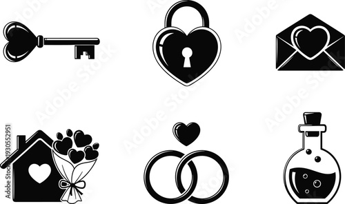 Love and romance silhouette icon set with heart lock, key, envelope, rings and potion bottle, black and white vector illustration for wedding and Valentine design