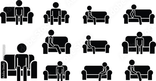 People sitting on sofa silhouette set, black and white vector icons of different couch sitting poses for living room, waiting area and interior design concept