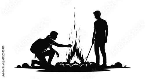 Two men tending a small campfire outdoors depicted in a stark contrasting black silhouette high quality professional detailed modern elegant stylish