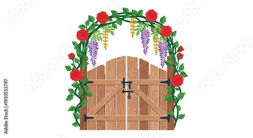 A charming wooden garden gate adorned with vibrant red roses and delicate wisteria vines a floral silhouette high quality professional detailed