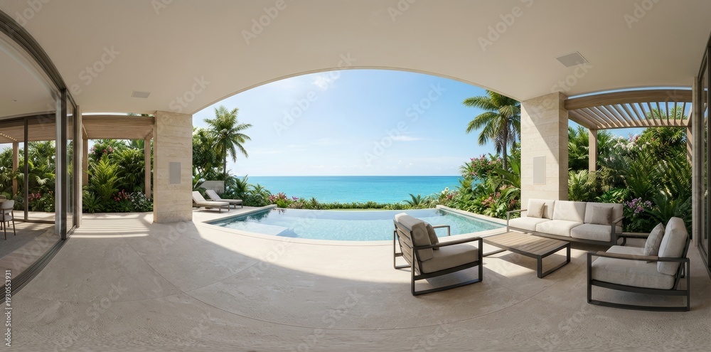 Fototapeta premium Stunning modern villa with an infinity pool overlooking a pristine turquoise ocean, surrounded by lush tropical gardens. Perfect for luxury resort and vacation themes.