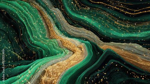 An abstract visual representation of flowing energy with intertwined waves of emerald green and gold dust illuminated against darkness.
