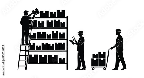 A black silhouette depicts workers stocking shelves and moving boxes in a warehouse setting silhouette high quality professional detailed modern elegant