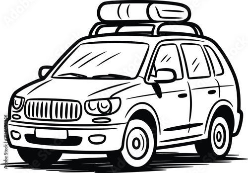 Car with luggage on roof rack for travel