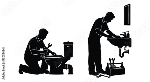 Two plumbers are depicted working on a toilet and sink illustrated as a striking black silhouette high quality professional detailed modern