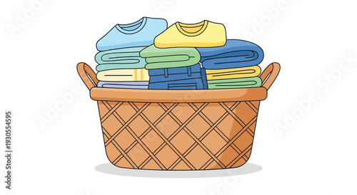 A brightly colored illustration depicts a woven basket overflowing with neatly folded clothes a charming silhouette high quality professional detailed modern