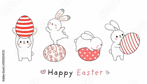 Cute Easter bunnies play with colorful eggs on a festive holiday background