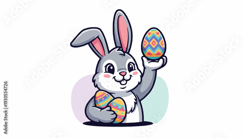 A cartoon bunny character happily holds up colorful Easter eggs in a playful scene.