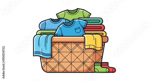 A colorful illustration depicts a woven laundry basket overflowing with neatly folded clothing a silhouette high quality professional detailed modern