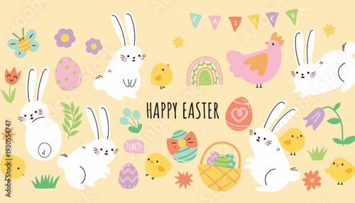 Easter celebration with bunnies, eggs, and decorations on a festive background