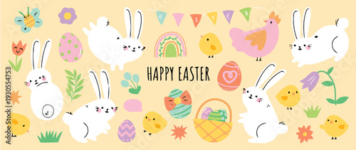 Easter celebration with rabbits, eggs, and flowers in a colorful scene