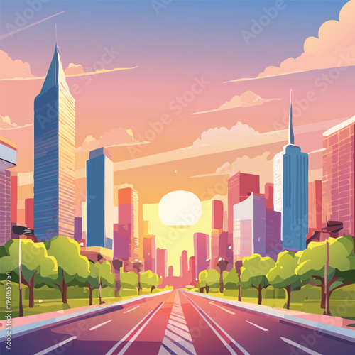 Cityscape at sunset modern illustrated view