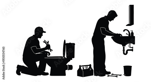 Two workers in black silhouette are repairing a residential water heater with various tools nearby silhouette high quality professional detailed modern