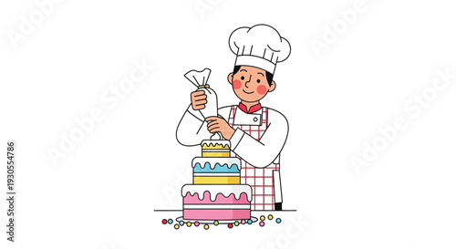 A cheerful baker decorates a multi tiered cake with frosting captured in a distinctive silhouette high quality professional detailed modern elegant stylish