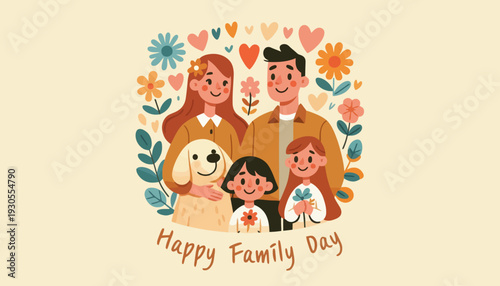 A happy family with dog and kids enjoy outdoor festive event together happily