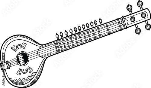Black and white of a traditional stringed musical instrument with ornate details