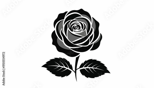 A large black rose with two leaves stands alone on a white background in FGFGF 33 style