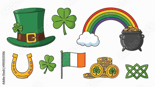 St. Patrick's Day celebration with shamrock hat rainbow pot gold coins Ireland flag