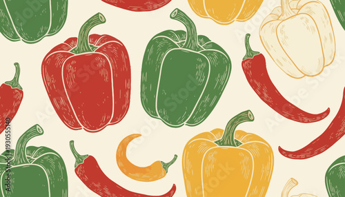 Colorful illustration of peppers and chili peppers on cream background FGFGF