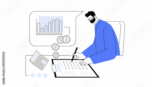A man sits at a desk, analyzing data on a clipboard with a pen, surrounded by a laptop and financial charts in a business setting with FGFGF.