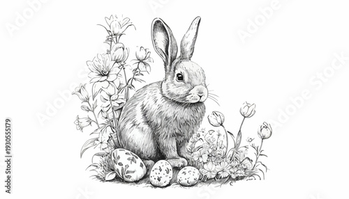 A cute rabbit sits among several eggs and flowers in a serene natural setting with FGFGF elements.