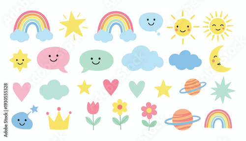 Colorful emoticon stickers including rainbows and smiling faces on white