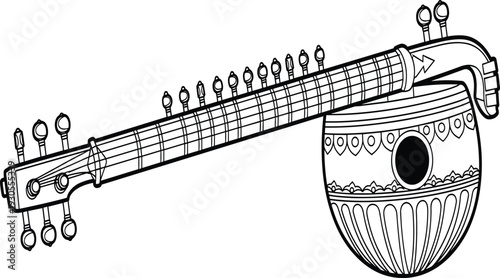 Ornate Indian String Instrument with Detailed Carvings