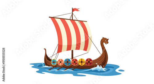 A vibrant illustration depicts a classic viking longship sailing on blue waves a striking silhouette high quality professional detailed modern elegant
