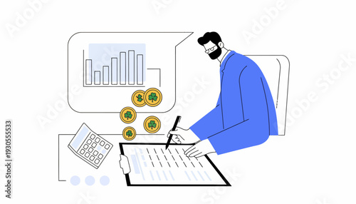 A man in blue shirt analyzes data on laptop and writes on notepad at desk with graph and sunflowers