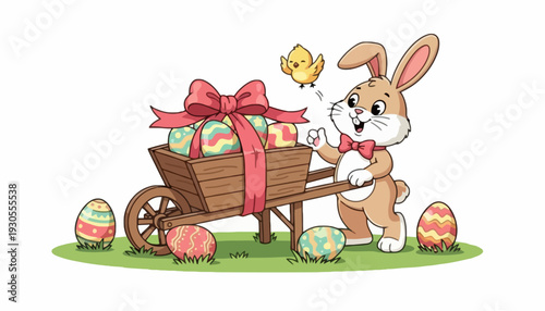A cute cartoon bunny pushes a wooden cart filled with colorful Easter eggs and a chick flies nearby on grass