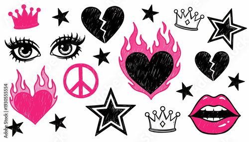 Vibrant graffiti stickers of hearts, eyes, lips, and stars adorn the scene with bold emotions and symbols.