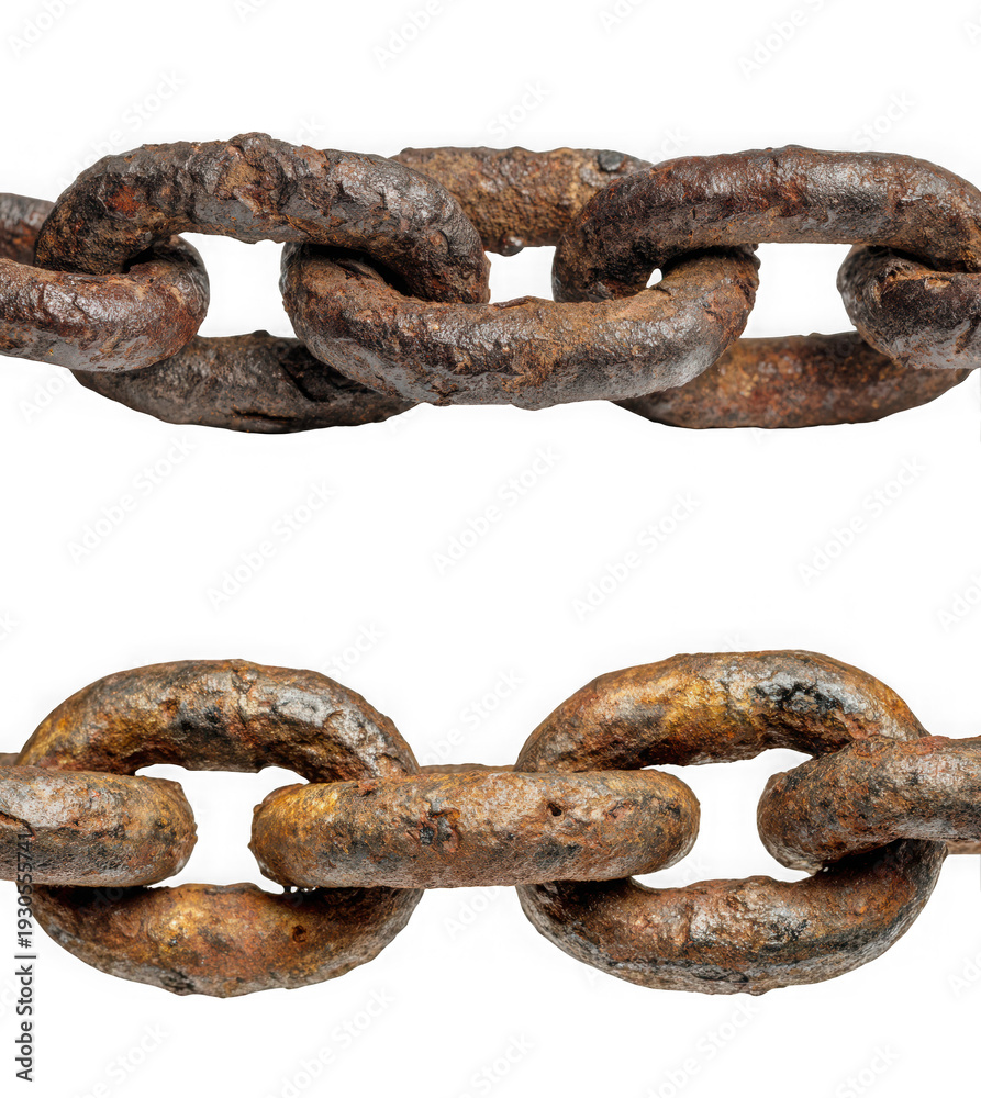 Fototapeta premium Close-up view of rusty, weathered metal chain links, conveying strength and decay. isolated on transparent background